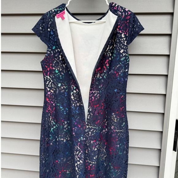 Betsey Johnson size 14 Navy Lace Overlay Floral Sheath Dress - Picture 9 of 13